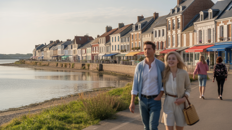 Vue réaliste du front de mer de Saint-Valery-sur-Somme avec différents hôtels authentiques et des passants, dans une ambiance naturelle et chaleureuse.