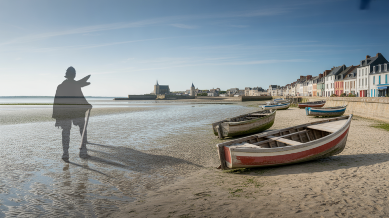 Scène réaliste du littoral du Crotoy avec plage à marée basse, bateaux traditionnels et maisons historiques en arrière-plan, évoquant subtilement le passé médiéval.