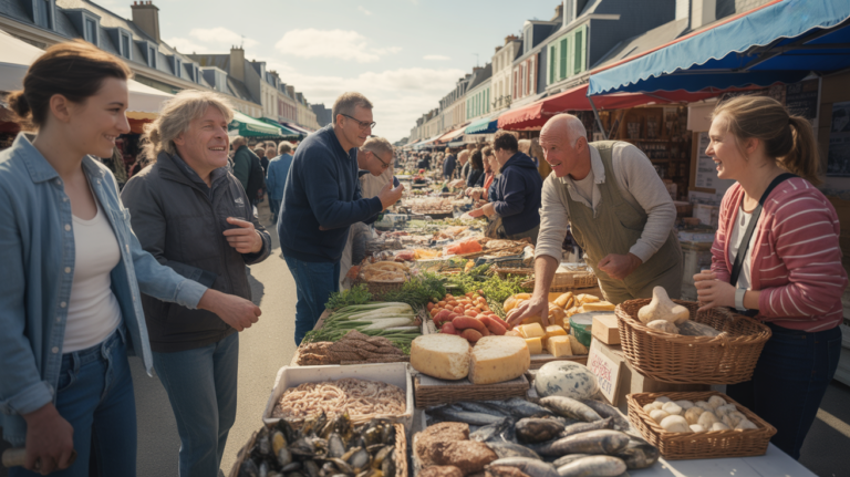 Scène réaliste du marché de plein air du Crotoy, montrant des stands colorés de produits locaux avec des bâtiments authentiques en arrière-plan et des visiteurs interagissant naturellement.