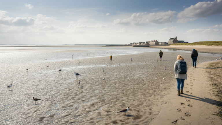 Paysage authentique de la baie de Somme au Crotoy à marée basse avec sable, eau peu profonde, bâtiments du front de mer et quelques promeneurs.