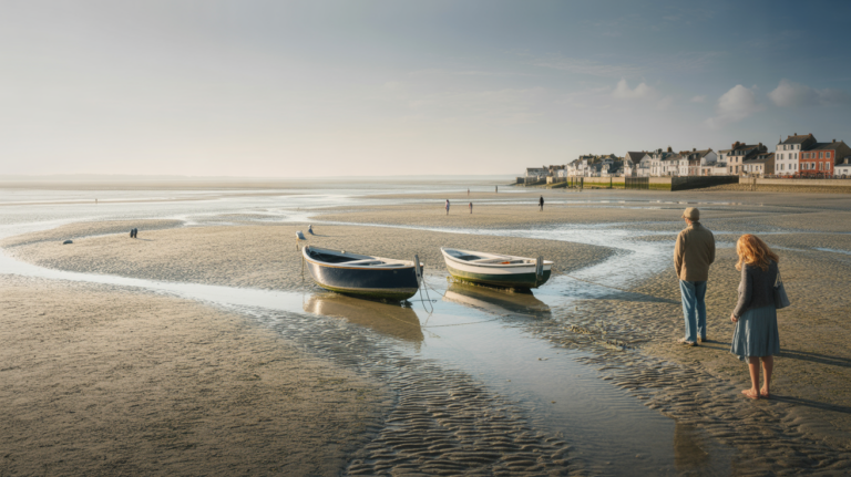 Paysage réaliste à marée basse au Crotoy avec estrans sableux, bateaux échoués et maisons authentiques en bord de baie.