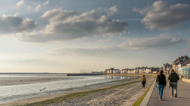 Vue réaliste du littoral du Crotoy avec la baie, le village et un ciel changeant évoquant une météo variable.