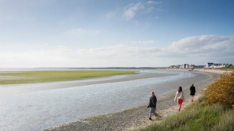 Vue réaliste de la baie de Somme au Crotoy avec la plage, les bâtiments authentiques du front de mer et une ambiance météorologique naturelle évoquant les saisons.