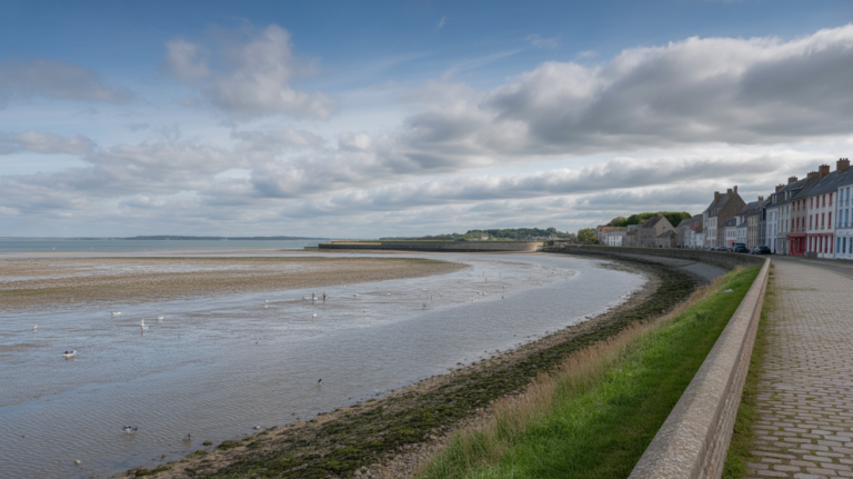 Vue réaliste de la baie de Somme à Saint-Valery-sur-Somme montrant les conditions météo avec la mer, le ciel nuageux et des éléments locaux authentiques.