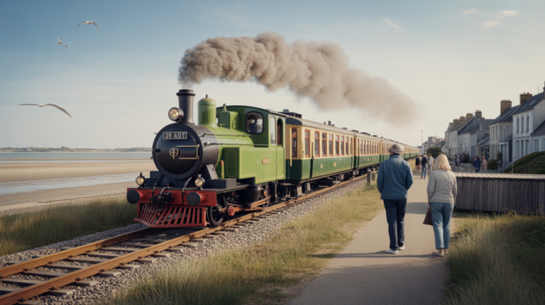 Scène réaliste du Petit Train du Crotoy longeant la baie de Somme, avec couleurs naturelles, voyageurs authentiques et paysage côtier détaillé.