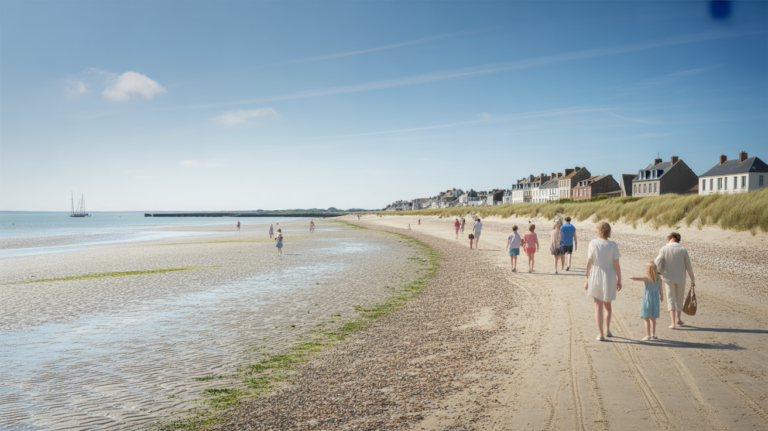 Vue réaliste de la plage du Crotoy avec son sable, ses maisons en arrière-plan et quelques promeneurs, dans une ambiance naturelle et authentique.