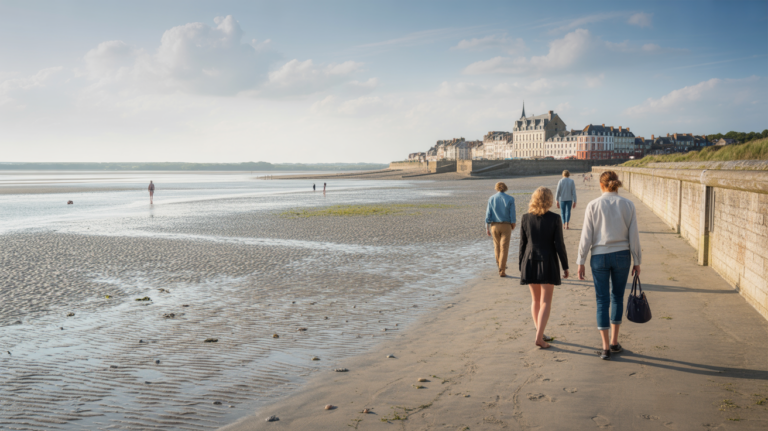 Vue réaliste de la plage de Saint‑Valery‑sur‑Somme avec son estran, ses couleurs naturelles et quelques promeneurs, montrant l’ambiance authentique du lieu.