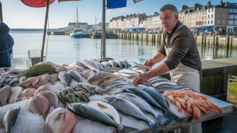 Poissonnerie authentique au Crotoy avec étal de poissons frais face au port et ambiance maritime locale.