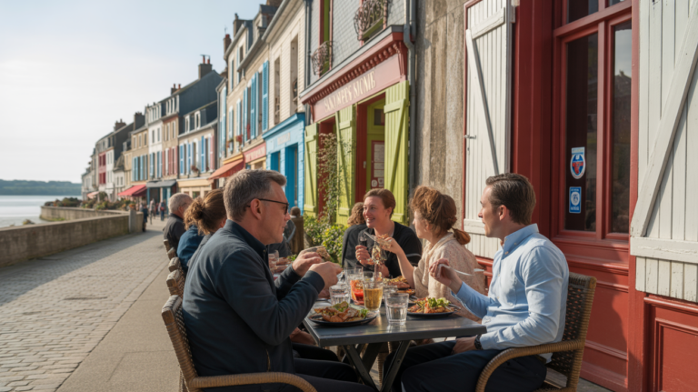 Scène réaliste d’un restaurant en terrasse à Saint-Valery-sur-Somme au coucher du soleil, avec ambiance chaleureuse et détails authentiques.
