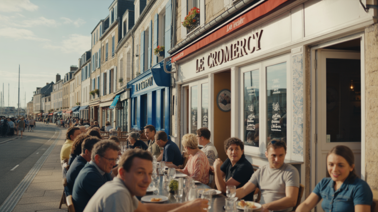 Vue réaliste du restaurant Le Commerce au Crotoy avec sa terrasse animée et l’ambiance authentique du port.