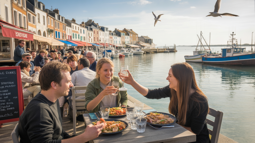 Scène réaliste du front de mer du Crotoy avec restaurants typiques et ambiance chaleureuse au coucher du soleil.