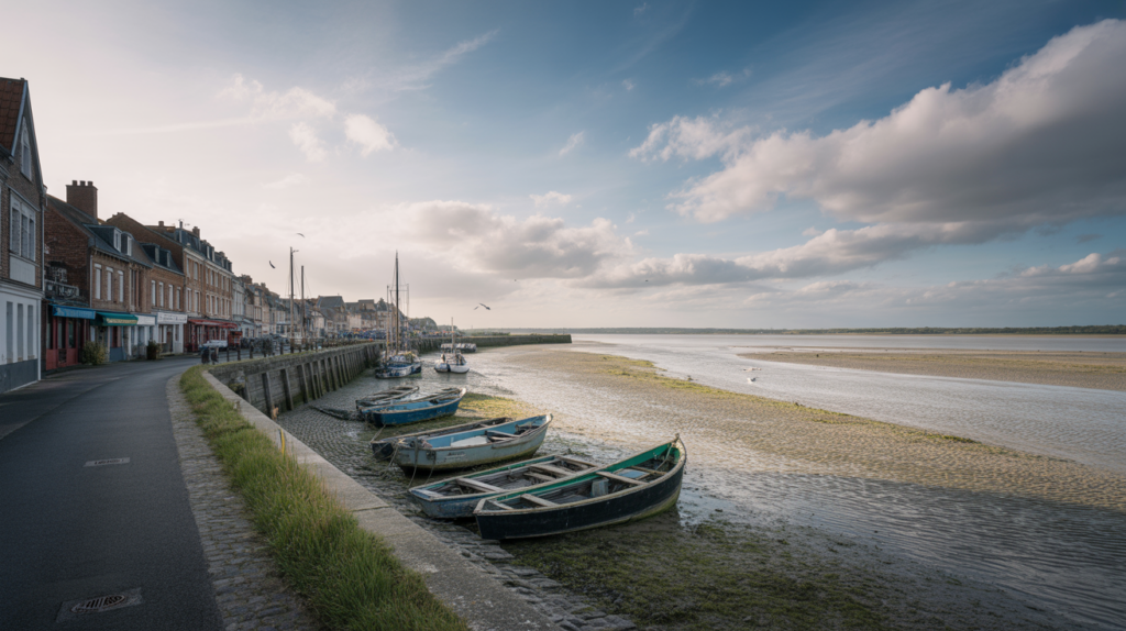 Vue réaliste de Saint-Valery-sur-Somme avec le front de mer, la baie et un ciel changeant illustrant des conditions météo variées.