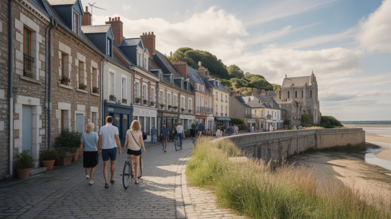 Vue réaliste de Saint-Valery-sur-Somme montrant ses rues médiévales, ses maisons en pierre et un paysage naturel authentique.