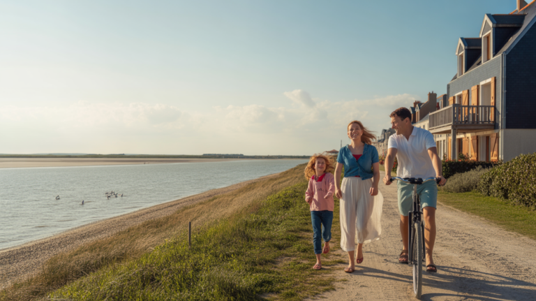 Scène réaliste en fin d’après‑midi au bord de mer au Crotoy, près d’une résidence Pierre et Vacances, avec une famille se promenant et un paysage authentique de la baie de Somme.