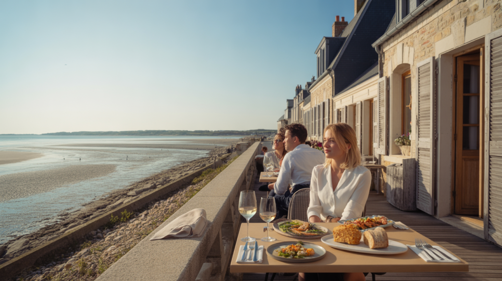 Scène réaliste d’une terrasse de restaurant gastronomique au Crotoy avec vue sur la baie de Somme, plats élégants et ambiance naturelle en lumière dorée.