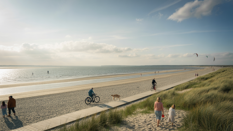 Vue réaliste et naturelle de la plage du Crotoy avec le bord de mer, les dunes, quelques promeneurs et l’ambiance authentique de la Baie de Somme.