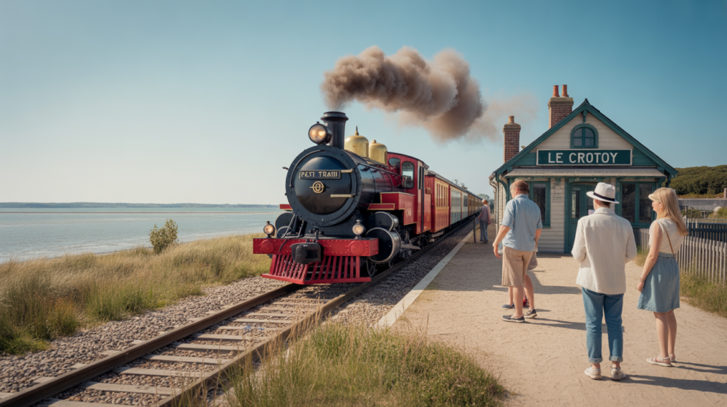 Scène réaliste du petit train de la Baie de Somme arrivant à la gare du Crotoy au bord de la mer, avec des touristes et une ambiance naturelle.