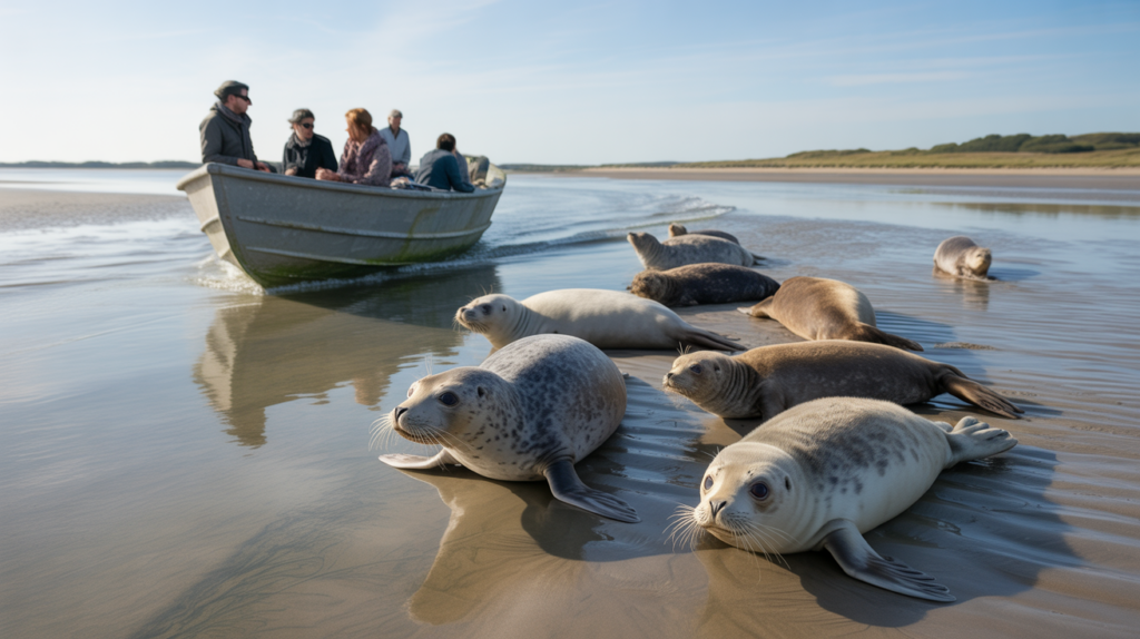 Bateau touristique observant des phoques dans la Baie de Somme par temps clair, scène naturelle et réaliste