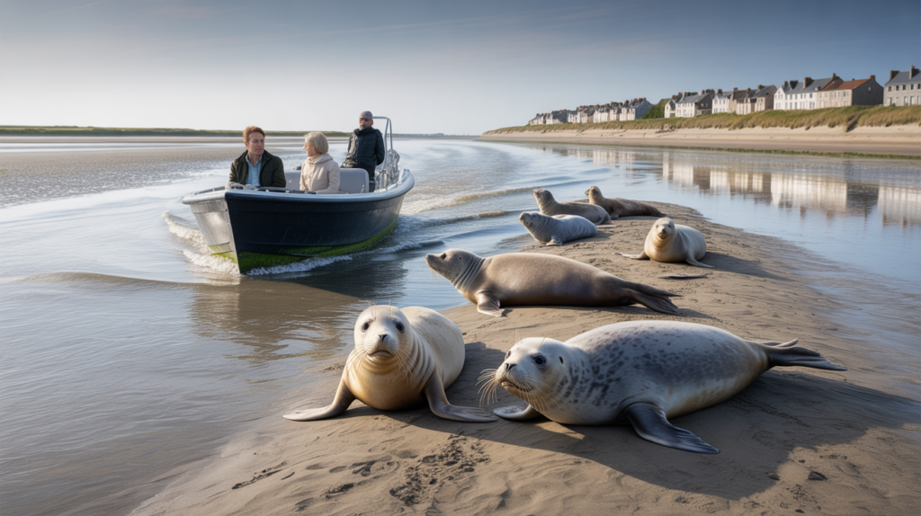 Scène réaliste d’un bateau observant des phoques dans la Baie de Somme près de Saint-Valery-sur-Somme, avec paysages naturels et lumière douce.