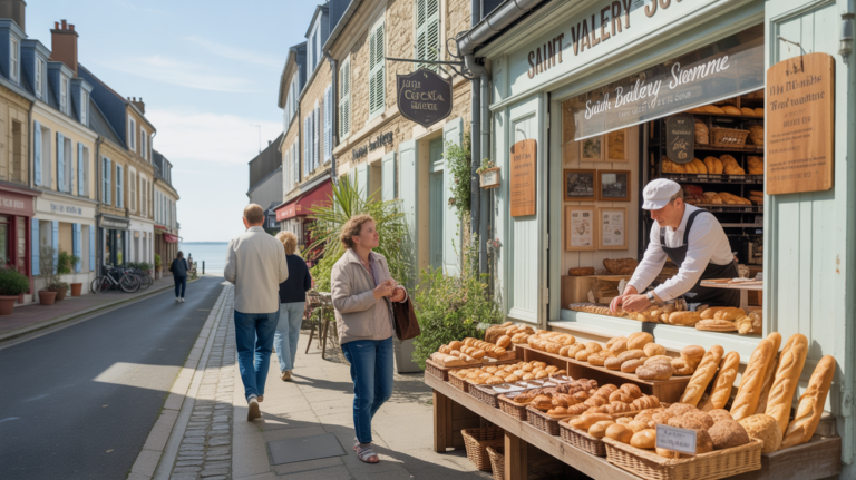 Scène réaliste d’une boulangerie authentique à Saint‑Valery‑sur‑Somme avec passants et étalage de pains et pâtisseries.