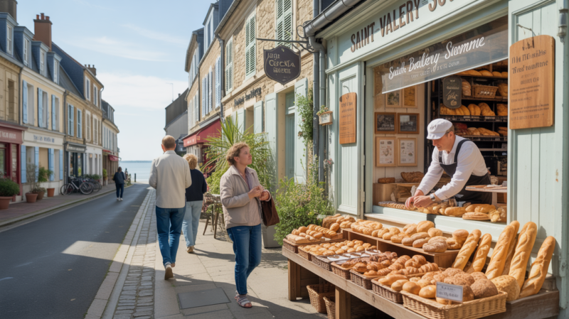 Scène réaliste d’une boulangerie authentique à Saint‑Valery‑sur‑Somme avec passants et étalage de pains et pâtisseries.