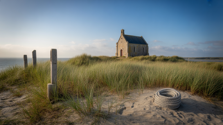 Vue réaliste de la Chapelle des Marins à Saint‑Valery‑sur‑Somme au coucher du soleil, avec ses murs anciens, la végétation côtière et la baie en arrière‑plan, dans une scène naturelle évoquant l’histoire maritime.