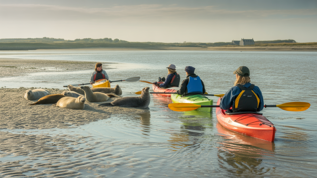 Kayakistes observant des phoques dans la Baie de Somme au lever du jour, dans une scène naturelle et réaliste.