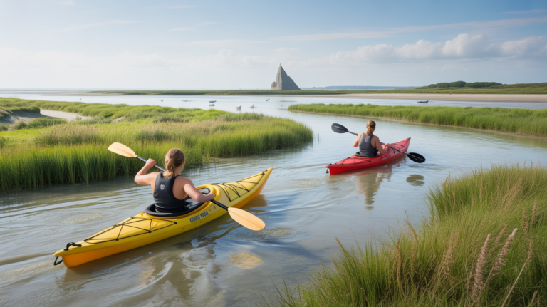 Deux kayakistes naviguent dans les eaux calmes et naturelles de la Baie de Somme au milieu des herbus, sous une lumière réaliste et lumineuse.