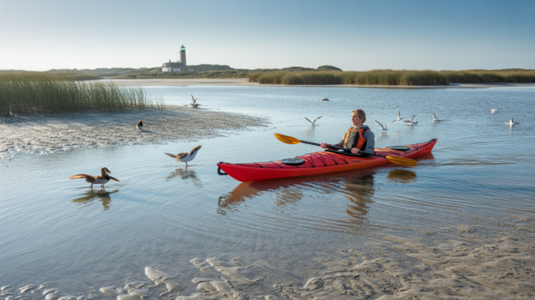 Personne en kayak au lever du soleil dans la Baie de Somme, avec les marais salants, les dunes et le phare du Hourdel en arrière‑plan, dans une scène réaliste et naturelle.