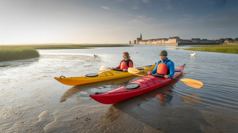 Kayakistes se préparant à partir au lever du soleil dans la Baie de Somme, avec eau calme, paysages naturels et vue authentique sur Saint-Valery-sur-Somme.