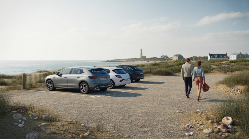 Scène réaliste du parking gratuit de la Pointe du Hourdel avec vue sur le littoral, le phare et une ambiance naturelle.