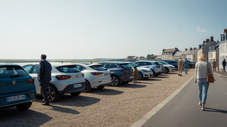 Scène réaliste d’un parking gratuit à Saint-Valery-sur-Somme avec voitures, passants et vue naturelle sur la ville et la baie.
