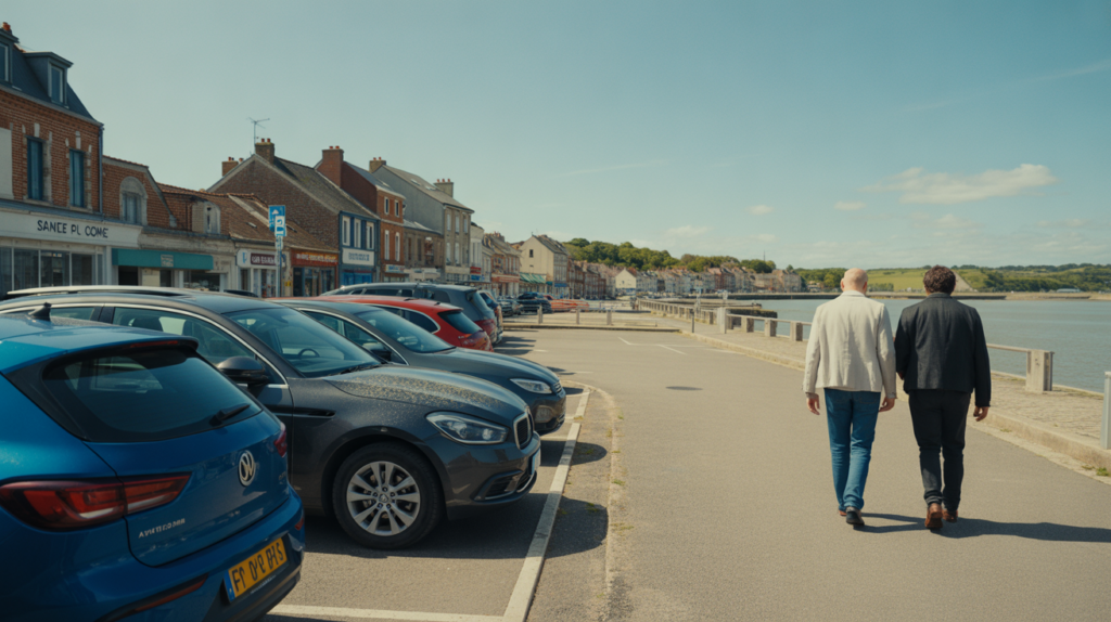 Scène réaliste d’un parking gratuit à Saint-Valery-sur-Somme, près du front de mer avec bâtiments authentiques et voitures garées.