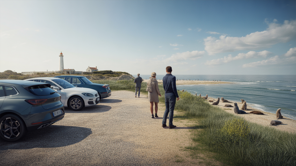 Scène réaliste du parking de la Pointe du Hourdel avec vue sur le littoral et des visiteurs observant les phoques au loin.