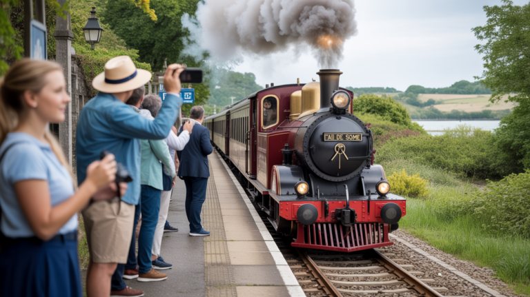 Photo réaliste du Petit Train de la Baie de Somme arrivant à une petite gare côtière avec voyageurs et paysage naturel.