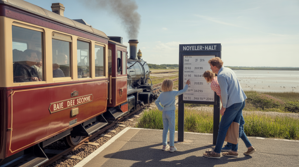 Scène réaliste du petit train de la Baie de Somme passant près de la côte, avec un quai authentique et une famille observant un panneau de tarifs.