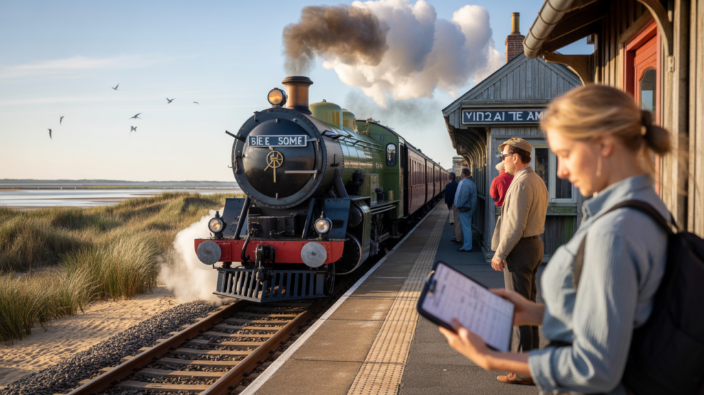 Scène réaliste du petit train à vapeur de la Baie de Somme arrivant à une petite gare au lever du soleil, avec voyageurs et paysage côtier naturel.
