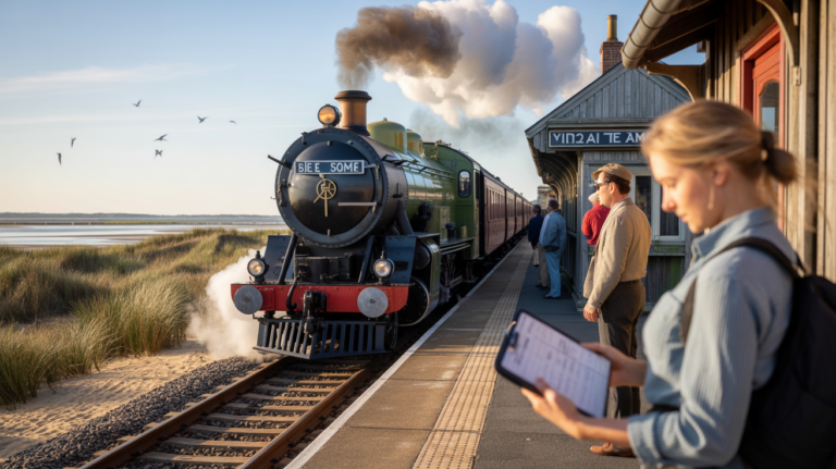 Scène réaliste du petit train à vapeur de la Baie de Somme arrivant à une petite gare au lever du soleil, avec voyageurs et paysage côtier naturel.