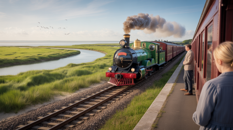 Scène réaliste du Petit Train de la Baie de Somme avançant le long des marais et canaux, sous un ciel lumineux avec couleurs naturelles et détails authentiques.