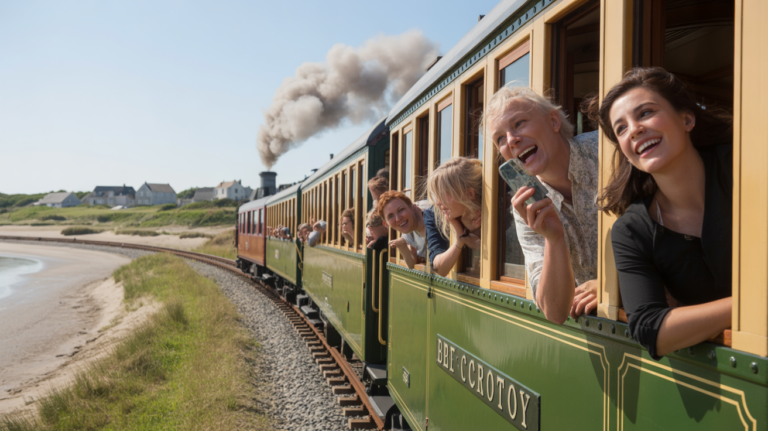 Petit train touristique du Crotoy longeant la baie de Somme avec des voyageurs prenant des photos dans une scène estivale réaliste.