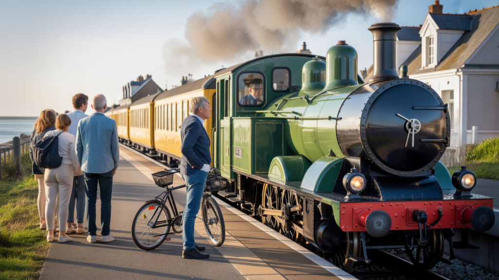 Scène réaliste du Petit Train du Crotoy prêt à partir de la gare, avec voyageurs et architecture authentique du Crotoy sous une lumière du matin.