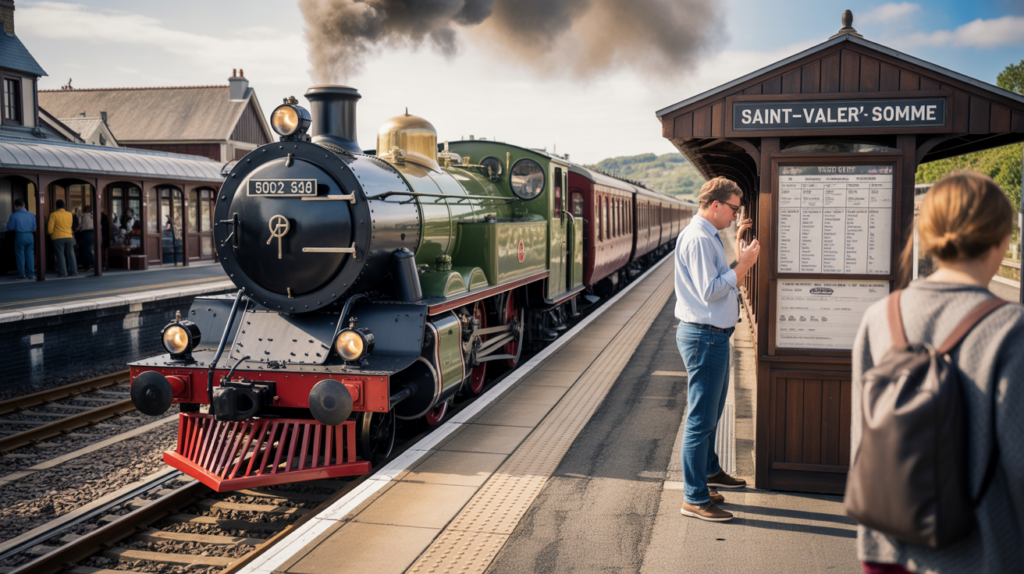 Scène réaliste du petit train à vapeur de Saint‑Valery‑sur‑Somme avec des voyageurs consultant les horaires sur le quai.