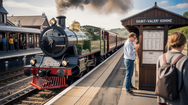 Scène réaliste du petit train à vapeur de Saint‑Valery‑sur‑Somme avec des voyageurs consultant les horaires sur le quai.