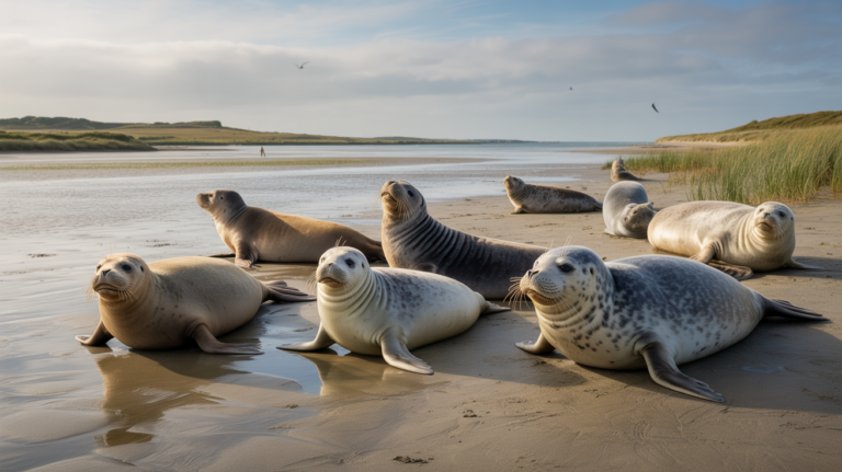 Phoques se reposant sur les bancs de sable en Baie de Somme sous une lumière naturelle, avec le paysage côtier authentique en arrière-plan.
