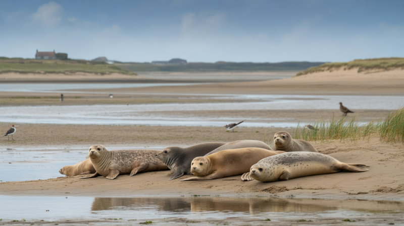 Groupe de phoques sur un banc de sable en baie de Somme avec paysage naturel et réaliste en arrière‑plan.