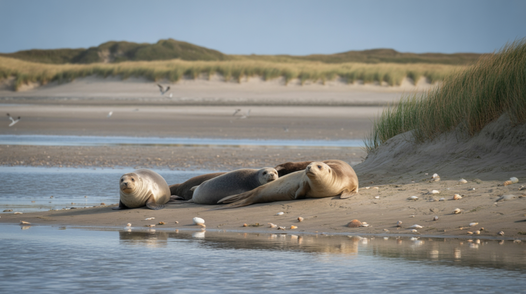 Phoques se reposant sur un banc de sable en Baie de Somme avec un décor naturel et lumineux.
