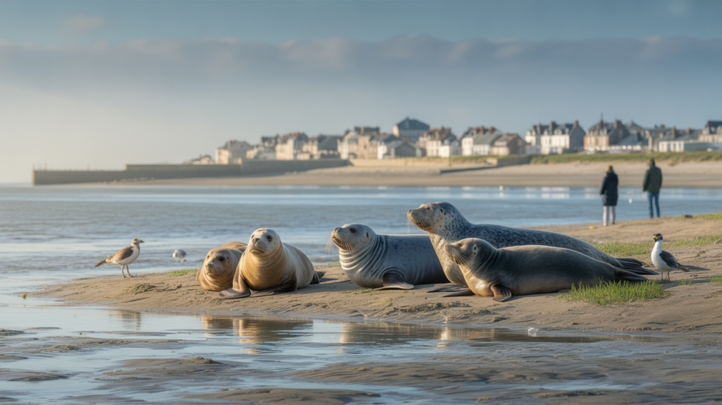 Phoques se reposant sur un banc de sable dans la baie de Somme au Crotoy, avec le village en arrière-plan sous une lumière naturelle du matin.