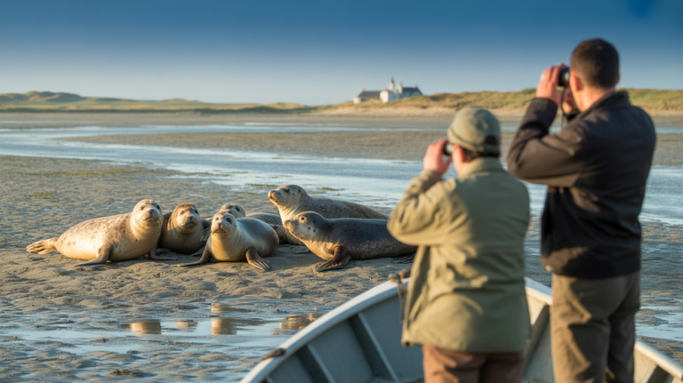 Groupe de phoques reposant sur un banc de sable en Baie de Somme avec des observateurs admirant la scène depuis un bateau lors d’une excursion organisée.