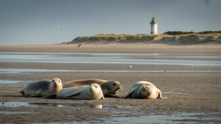 Phoques se reposant sur les bancs de sable au Hourdel avec le phare en arrière-plan dans une scène côtière naturelle et réaliste.