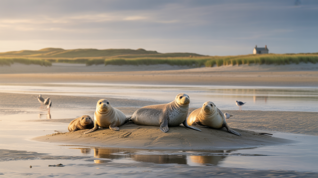 Phoques se reposant sur un banc de sable au lever du soleil en Baie de Somme, dans un décor naturel et authentique.